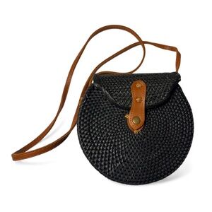 Anthropologie Black Woven Crossbody Bag with Tan Strap